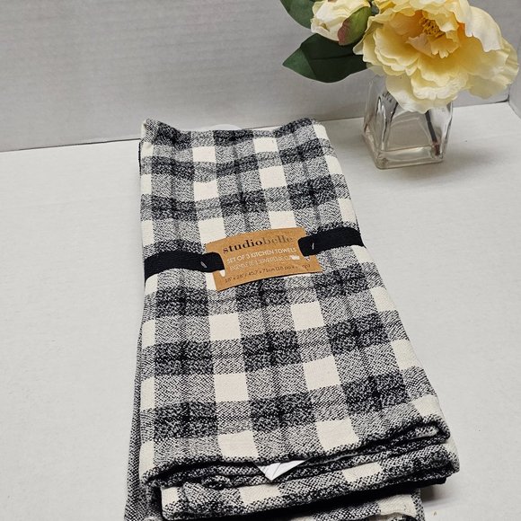 3 New Kitchen Towels Black White Gray Plaid Check Stripe Studio Belle 18 X 28 - Picture 1 of 12